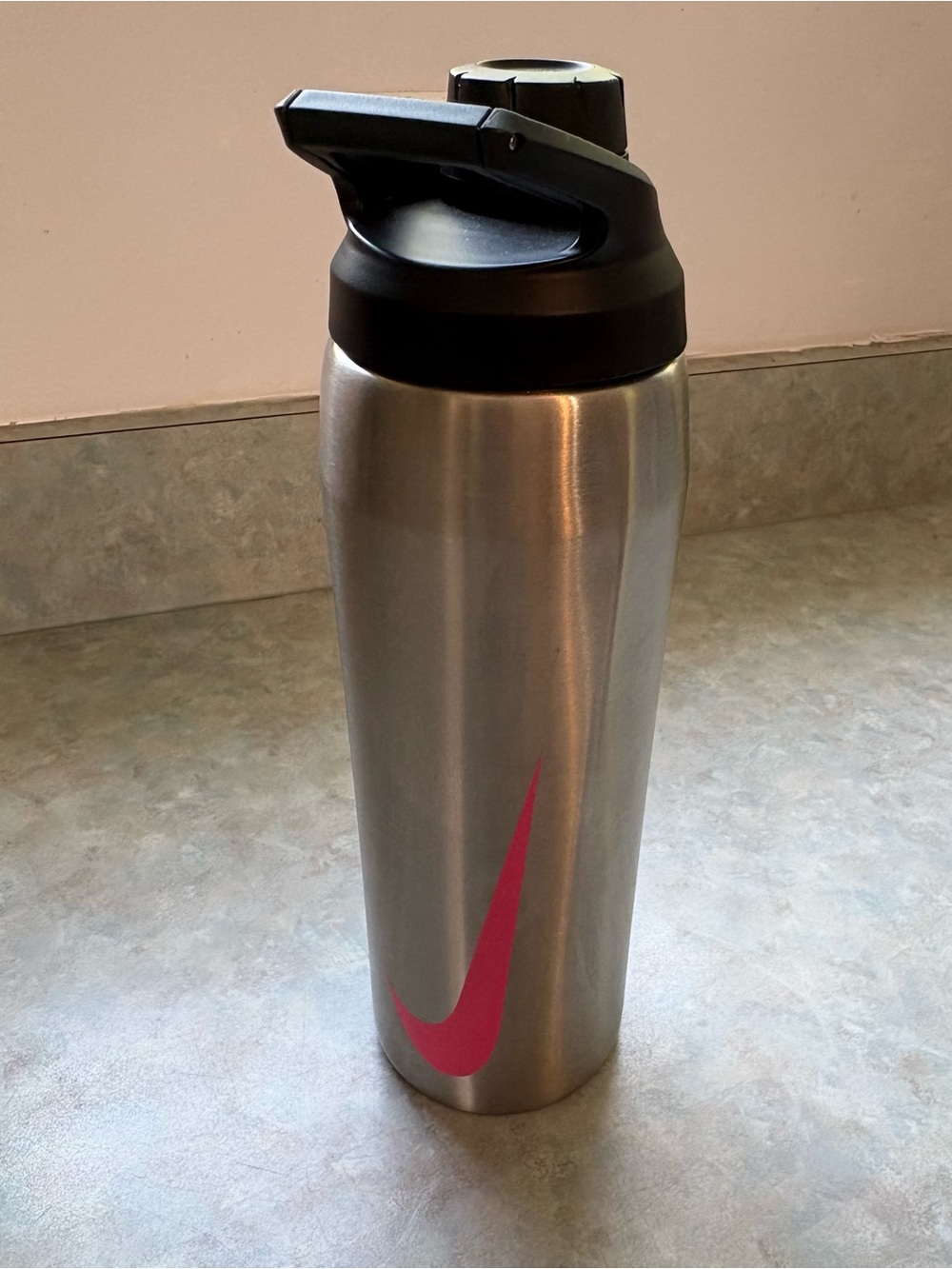 Nike Stainless Steel Bottle with Black Lid and Pink Swoosh